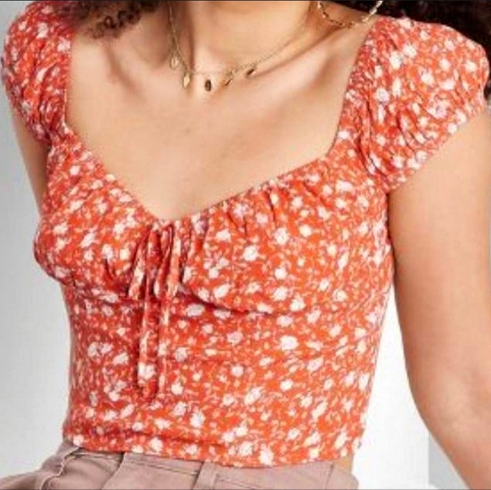 Wild Fable Orange Cropped Floral Blouse with Tie Front Medium